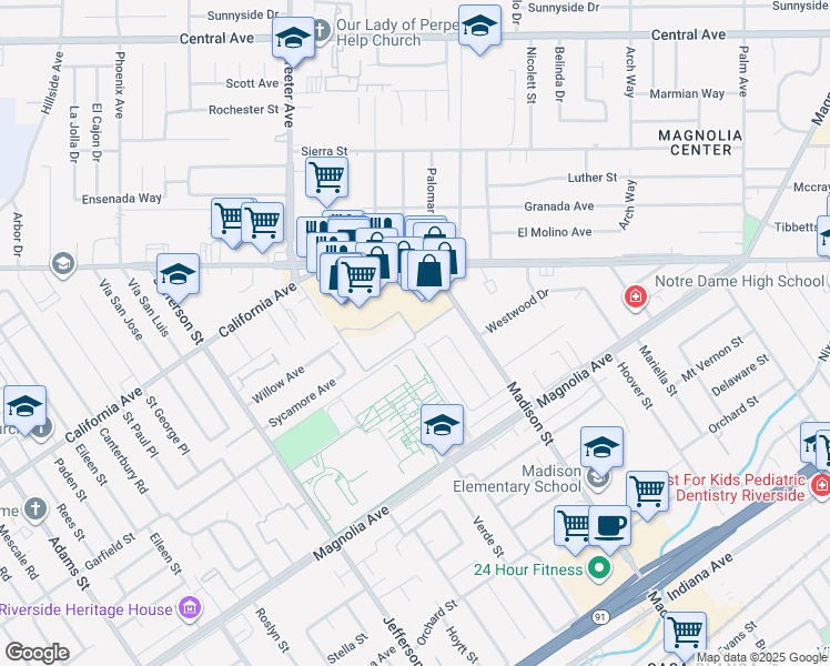 map of restaurants, bars, coffee shops, grocery stores, and more near 3988 San Mateo Avenue in Riverside