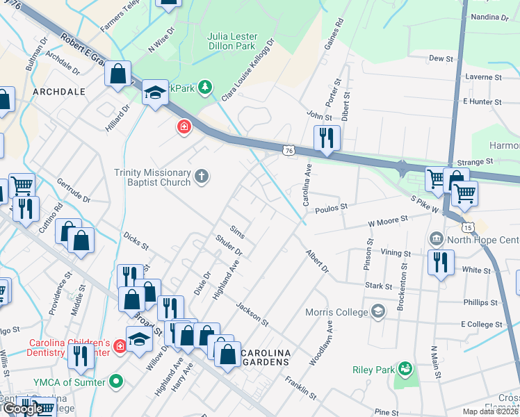 map of restaurants, bars, coffee shops, grocery stores, and more near 3 Andrena Drive in Sumter