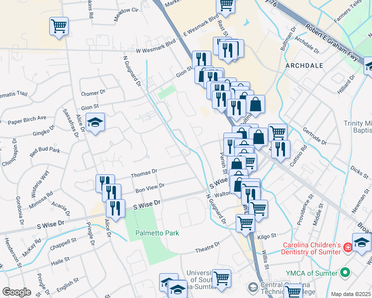 map of restaurants, bars, coffee shops, grocery stores, and more near 1004 North Guignard Drive in Sumter