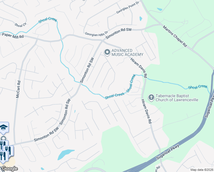 map of restaurants, bars, coffee shops, grocery stores, and more near 736 Sunset Ridge Lane Southeast in Lawrenceville