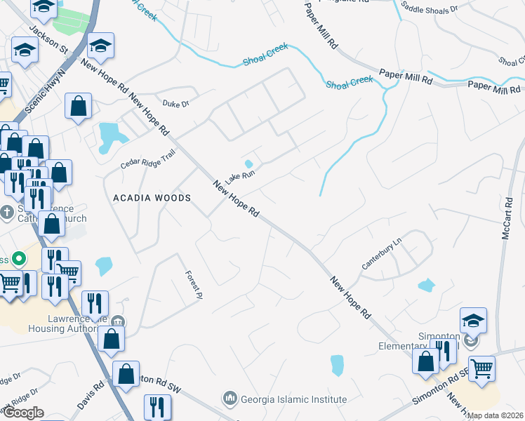 map of restaurants, bars, coffee shops, grocery stores, and more near 508 New Hope Road in Lawrenceville