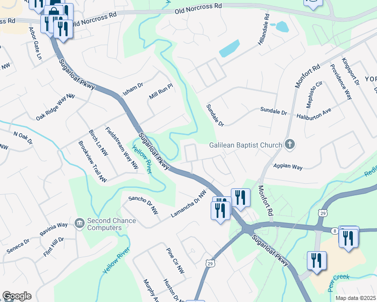 map of restaurants, bars, coffee shops, grocery stores, and more near 1616 River Main Court in Lawrenceville