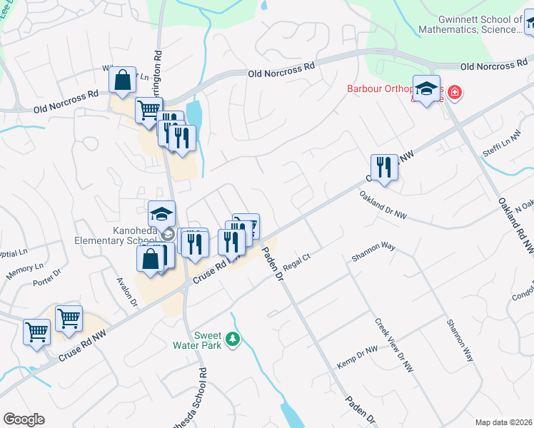 map of restaurants, bars, coffee shops, grocery stores, and more near 938 Country Oaks Court in Lawrenceville