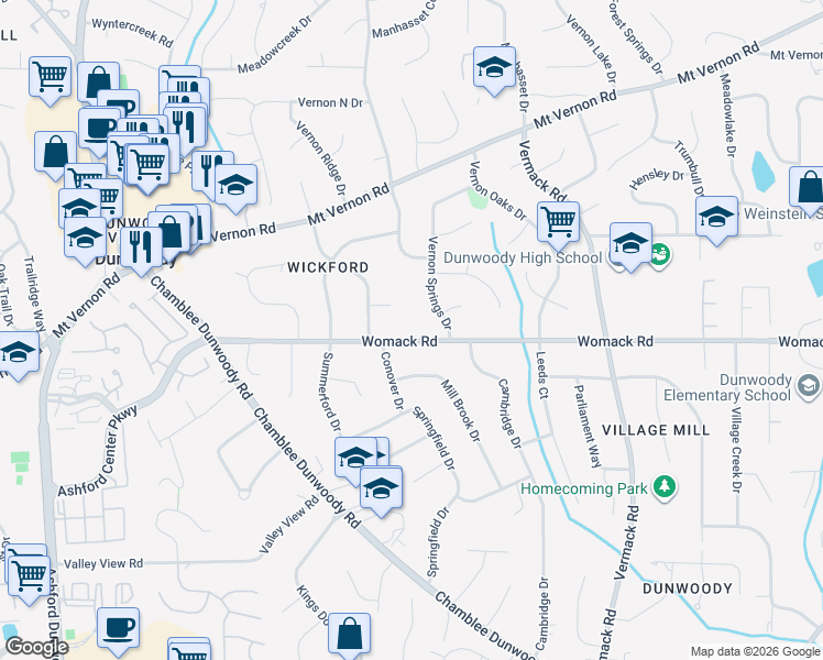 map of restaurants, bars, coffee shops, grocery stores, and more near 1567 Womack Road in Dunwoody