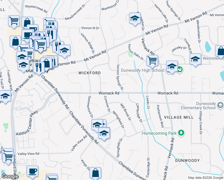 map of restaurants, bars, coffee shops, grocery stores, and more near 1567 Womack Road in Dunwoody