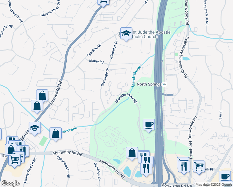 map of restaurants, bars, coffee shops, grocery stores, and more near 6857 Glenlake Parkway Northeast in Sandy Springs