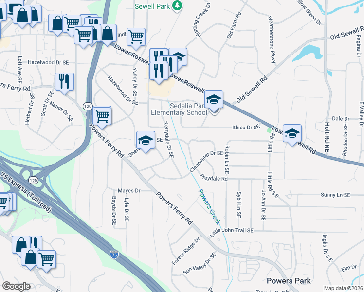 map of restaurants, bars, coffee shops, grocery stores, and more near 2162 Freydale Road in Marietta