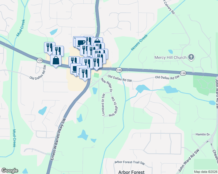 map of restaurants, bars, coffee shops, grocery stores, and more near 737 Nob Ridge Drive in Marietta