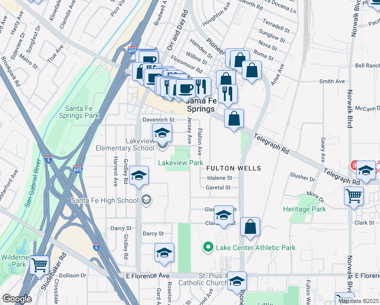 map of restaurants, bars, coffee shops, grocery stores, and more near 10225 Jersey Avenue in Santa Fe Springs