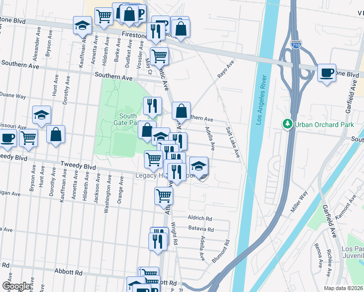 map of restaurants, bars, coffee shops, grocery stores, and more near 9710 Atlantic Avenue in South Gate