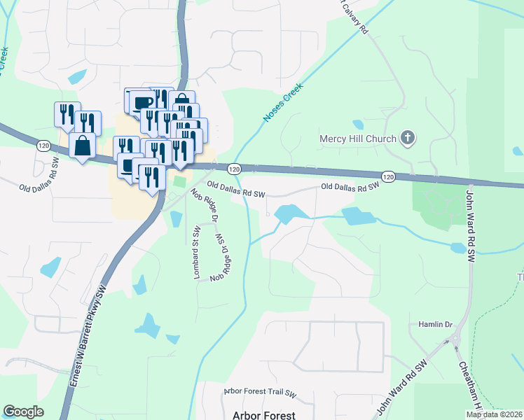 map of restaurants, bars, coffee shops, grocery stores, and more near 410 Ellis Meadow Court Southwest in Marietta