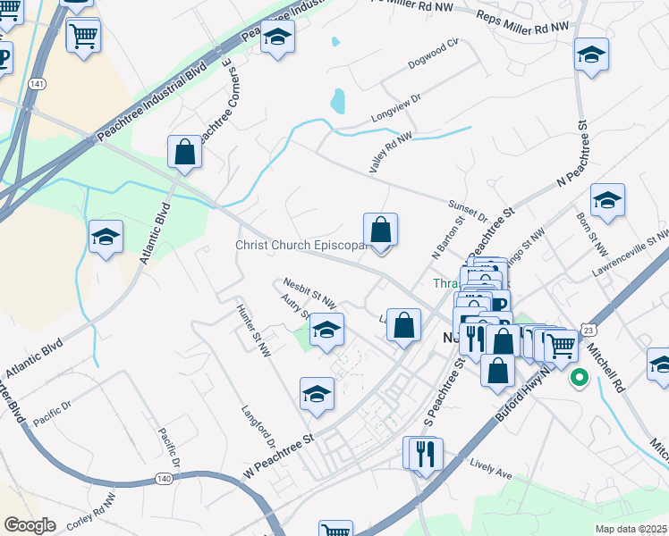 map of restaurants, bars, coffee shops, grocery stores, and more near 419 Holcomb Bridge Road in Norcross