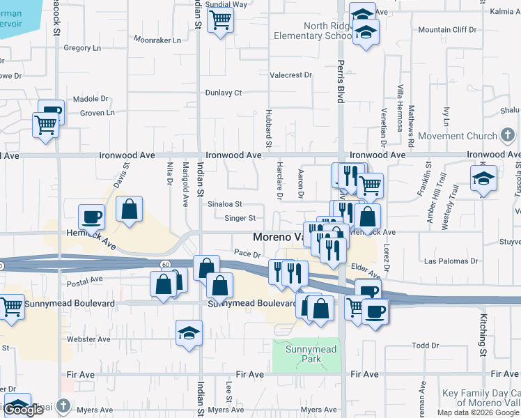 map of restaurants, bars, coffee shops, grocery stores, and more near 12180 Leahy Drive in Moreno Valley