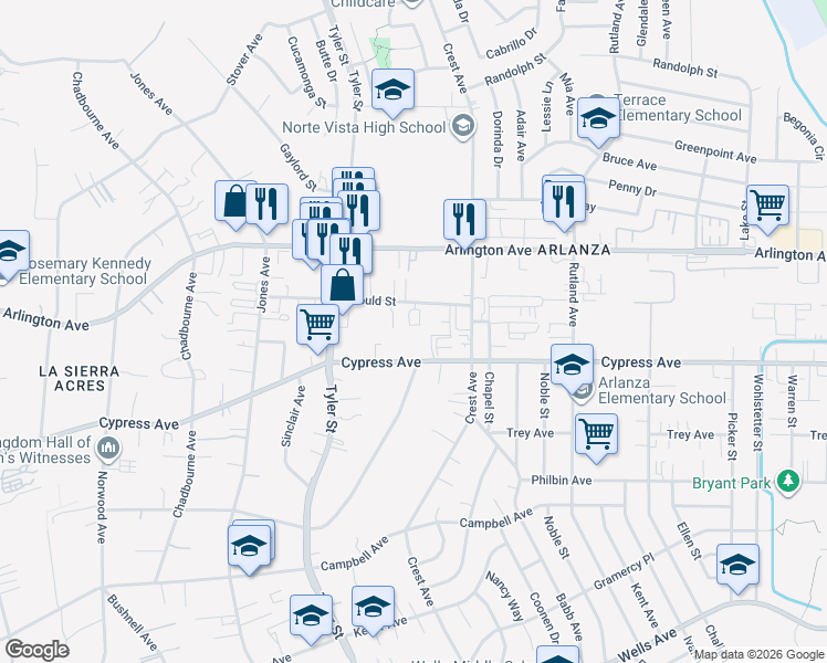 map of restaurants, bars, coffee shops, grocery stores, and more near 10155 Cypress Avenue in Riverside