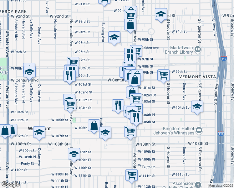 map of restaurants, bars, coffee shops, grocery stores, and more near 1100 West 102nd Street in Los Angeles