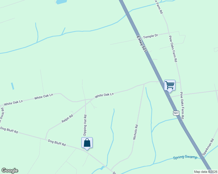 map of restaurants, bars, coffee shops, grocery stores, and more near 1160 White Oak Lane in Galivants Ferry