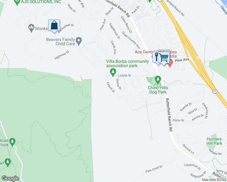 map of restaurants, bars, coffee shops, grocery stores, and more near 17065 Estoril Street in Chino Hills