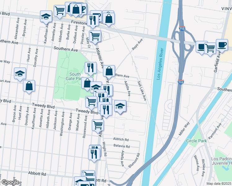 map of restaurants, bars, coffee shops, grocery stores, and more near 5142 Duncan Way in South Gate