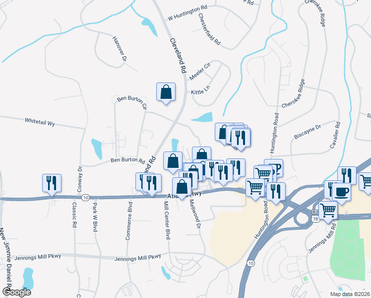 map of restaurants, bars, coffee shops, grocery stores, and more near 310 Logmont Trace in Athens