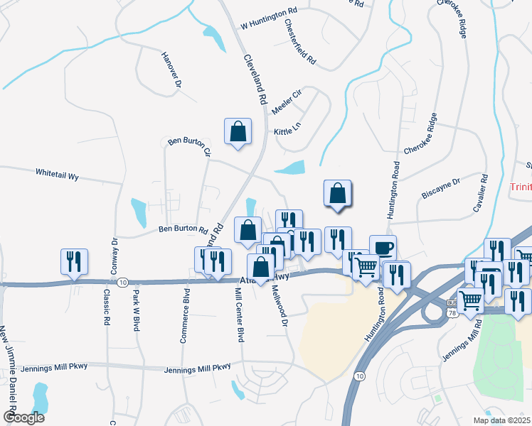map of restaurants, bars, coffee shops, grocery stores, and more near 430 Logmont Trace in Athens
