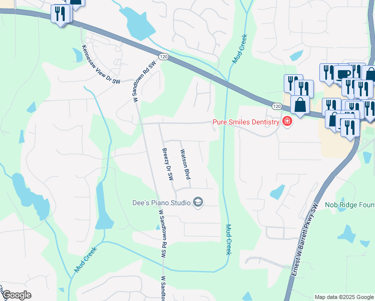 map of restaurants, bars, coffee shops, grocery stores, and more near 457 Watson Boulevard in Marietta
