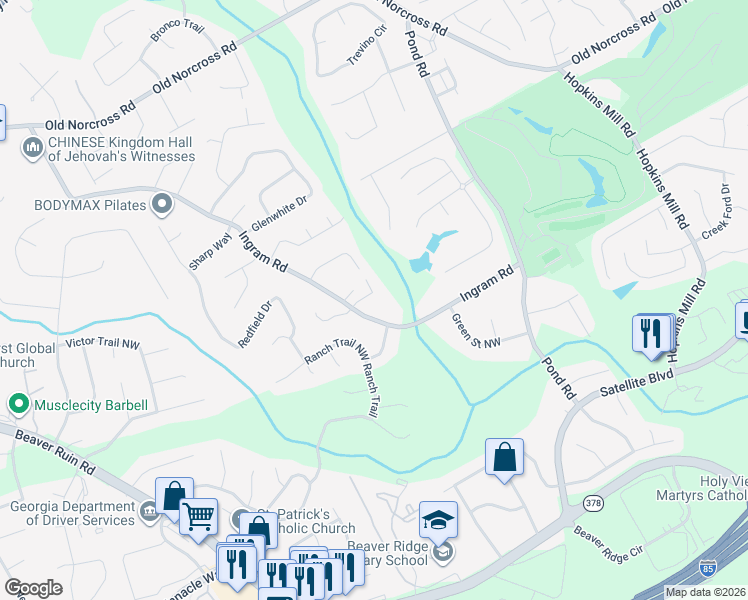 map of restaurants, bars, coffee shops, grocery stores, and more near 2252 Ingram Road in Duluth