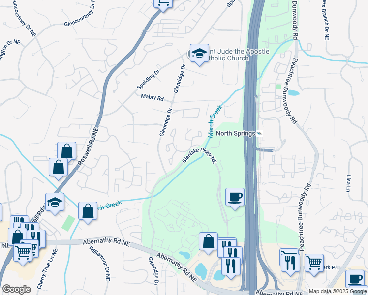 map of restaurants, bars, coffee shops, grocery stores, and more near 6857 Glenlake Parkway Northeast in Sandy Springs