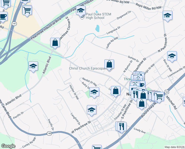 map of restaurants, bars, coffee shops, grocery stores, and more near 419 Holcomb Bridge Road in Norcross