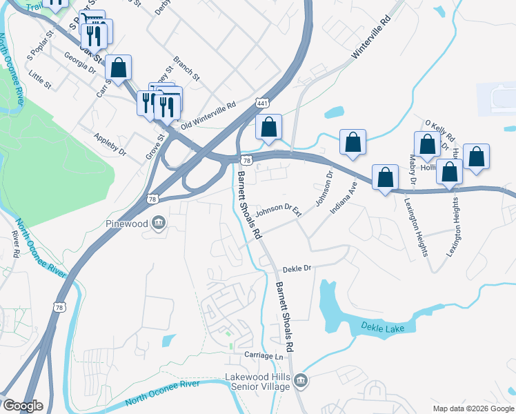map of restaurants, bars, coffee shops, grocery stores, and more near 130 Johnson Drive Extension in Athens