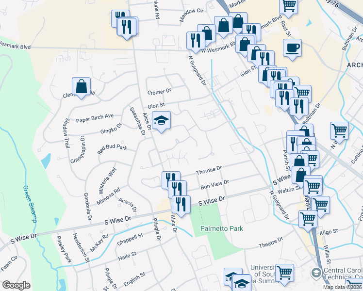 map of restaurants, bars, coffee shops, grocery stores, and more near 2254 Preot Street in Sumter