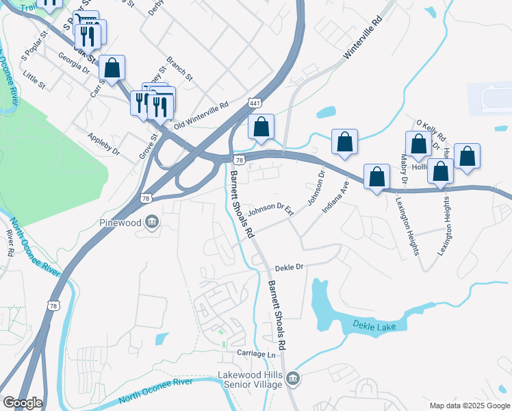 map of restaurants, bars, coffee shops, grocery stores, and more near 130 Johnson Drive Extension in Athens