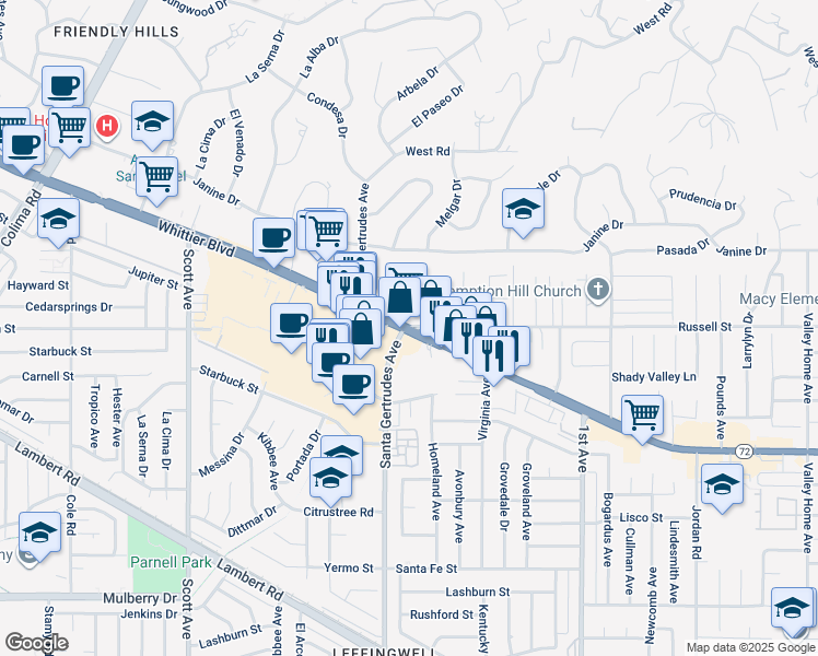 map of restaurants, bars, coffee shops, grocery stores, and more near Whittier Blvd & Santa Gertrudes Ave in Whittier