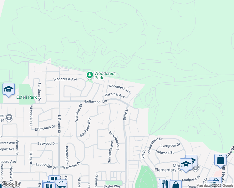 map of restaurants, bars, coffee shops, grocery stores, and more near 737 W Oakcrest Ave in Brea