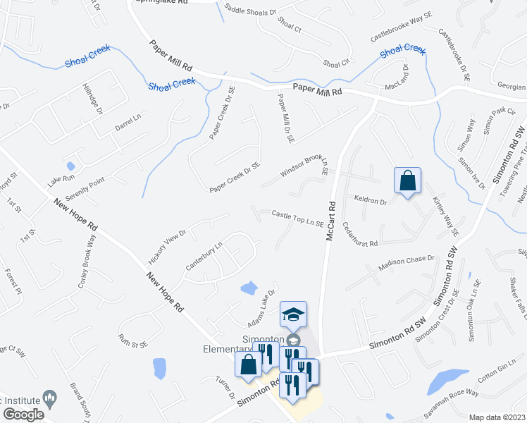 map of restaurants, bars, coffee shops, grocery stores, and more near 333 Castle Top Lane Southeast in Lawrenceville