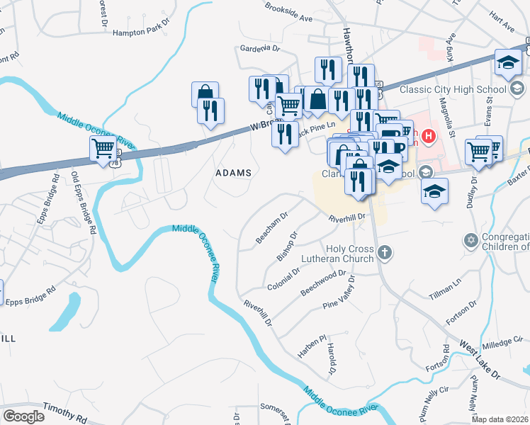 map of restaurants, bars, coffee shops, grocery stores, and more near 130 Beacham Drive in Athens