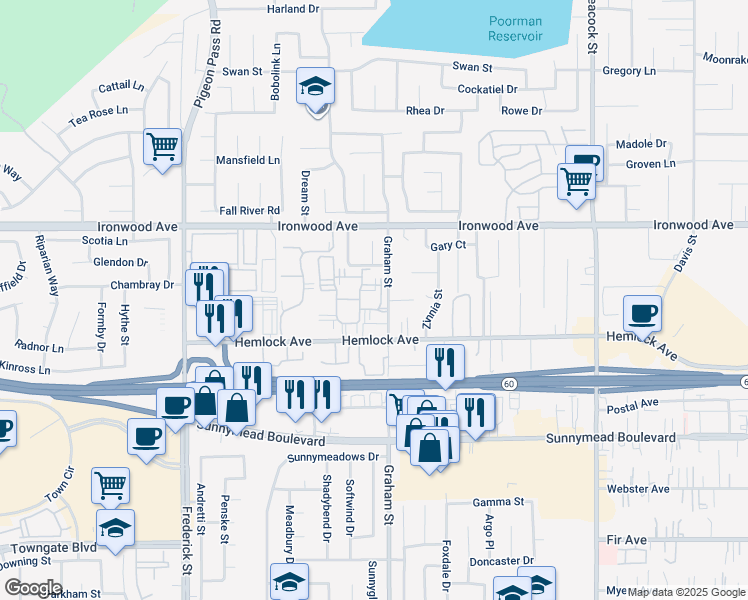 map of restaurants, bars, coffee shops, grocery stores, and more near 23420 Hemlock Avenue in Moreno Valley