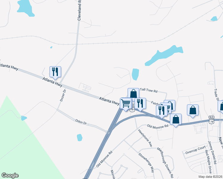 map of restaurants, bars, coffee shops, grocery stores, and more near 160 Nunnally Street in Bogart