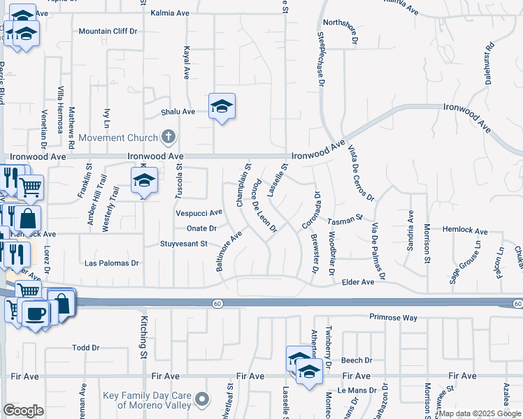 map of restaurants, bars, coffee shops, grocery stores, and more near 12184 Ponce De Leon Drive in Moreno Valley