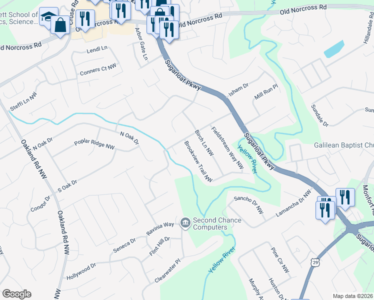 map of restaurants, bars, coffee shops, grocery stores, and more near 567 Brookview Trail Northwest in Lawrenceville
