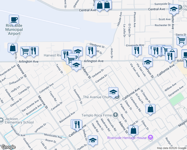 map of restaurants, bars, coffee shops, grocery stores, and more near 8276 Verbena Drive in Riverside