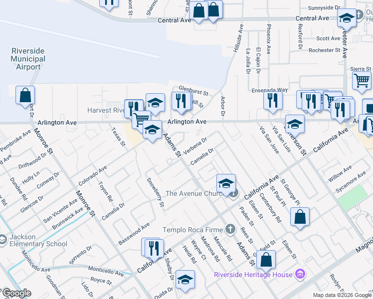 map of restaurants, bars, coffee shops, grocery stores, and more near 8277 Verbena Drive in Riverside