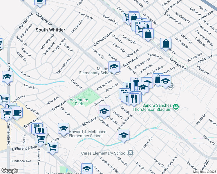 map of restaurants, bars, coffee shops, grocery stores, and more near 9851 Rufus Avenue in Whittier