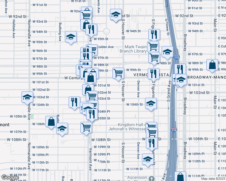 map of restaurants, bars, coffee shops, grocery stores, and more near 739 West 102nd Street in Los Angeles