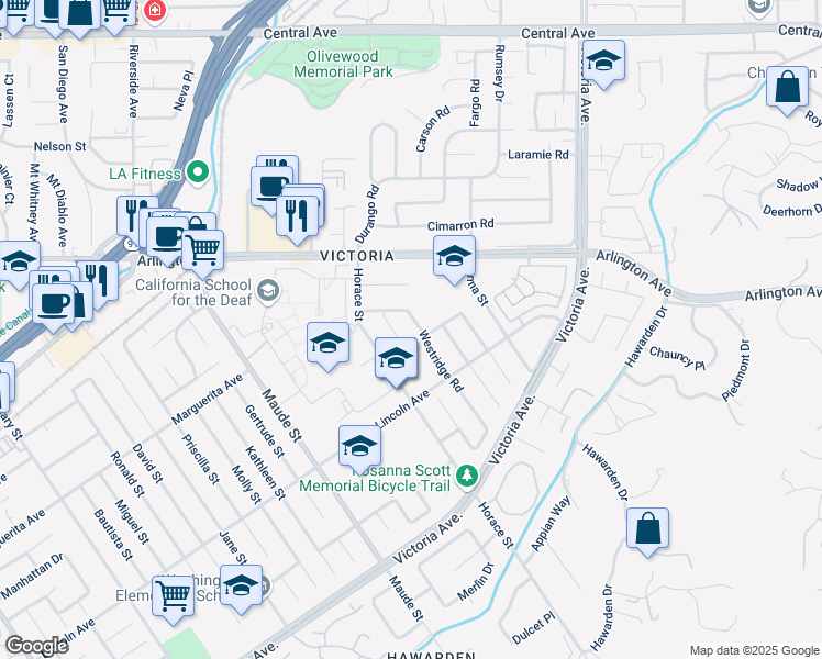 map of restaurants, bars, coffee shops, grocery stores, and more near 2966 Westridge Road in Riverside