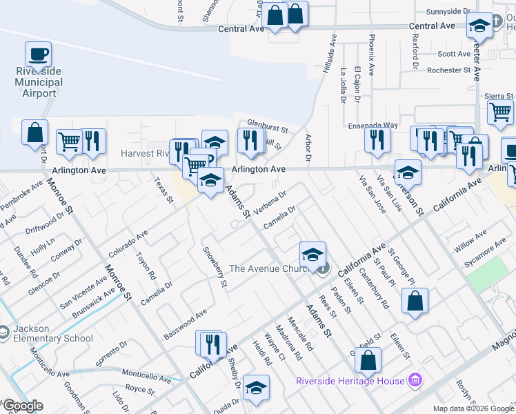 map of restaurants, bars, coffee shops, grocery stores, and more near 8276 Verbena Drive in Riverside