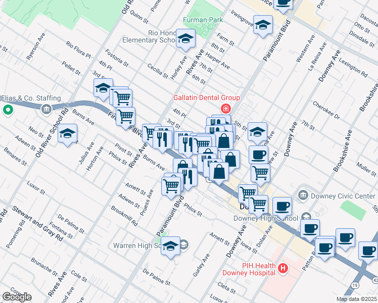 map of restaurants, bars, coffee shops, grocery stores, and more near 7955 Firestone Boulevard in Downey