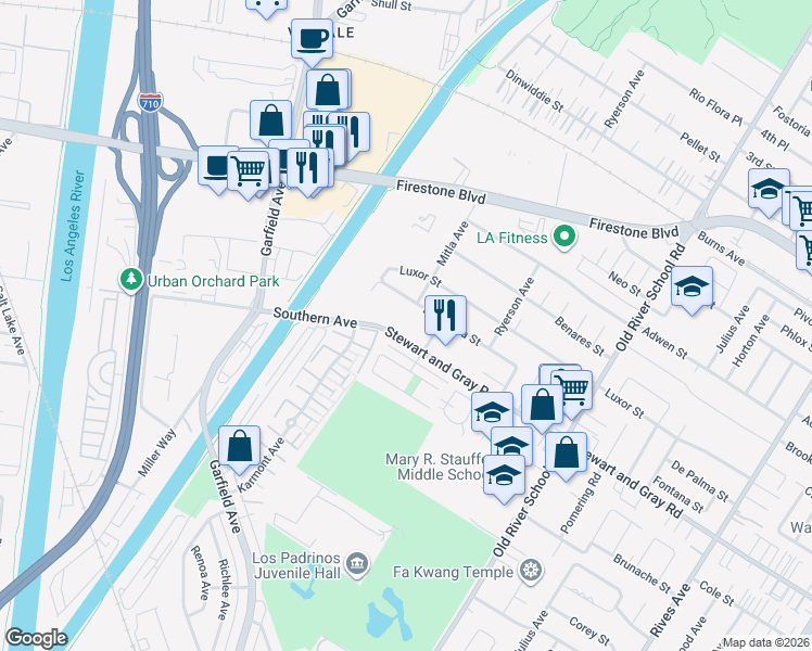map of restaurants, bars, coffee shops, grocery stores, and more near 7100 Stewart and Gray Road in Downey