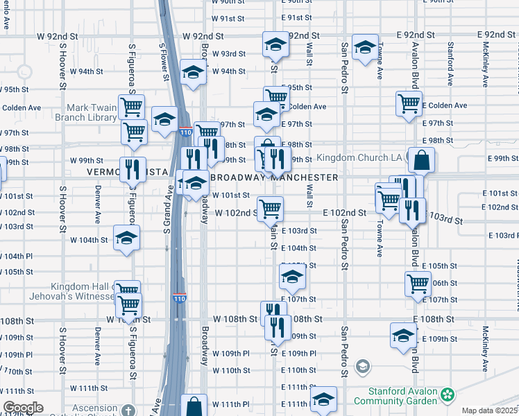 map of restaurants, bars, coffee shops, grocery stores, and more near 128 West 102nd Street in Los Angeles