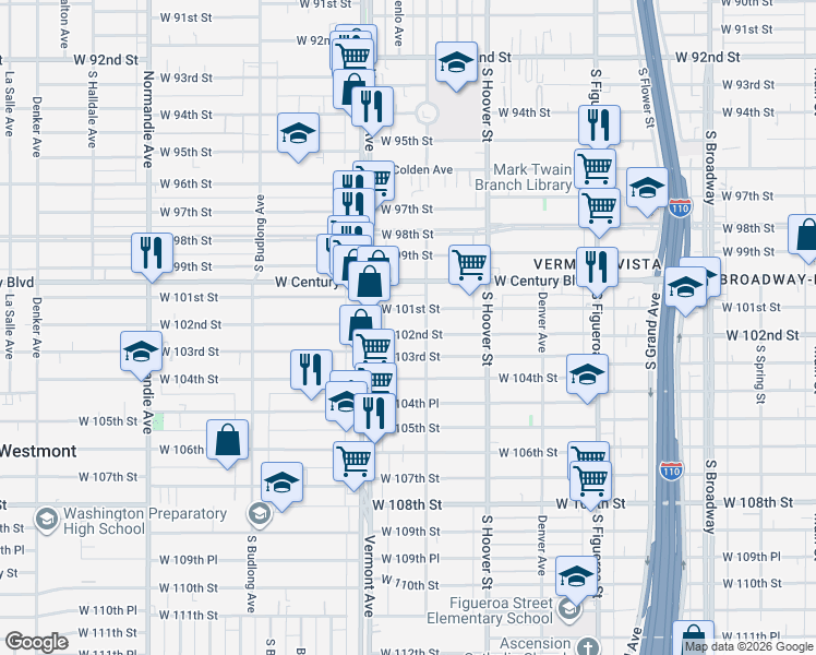 map of restaurants, bars, coffee shops, grocery stores, and more near 816 West 102nd Street in Los Angeles