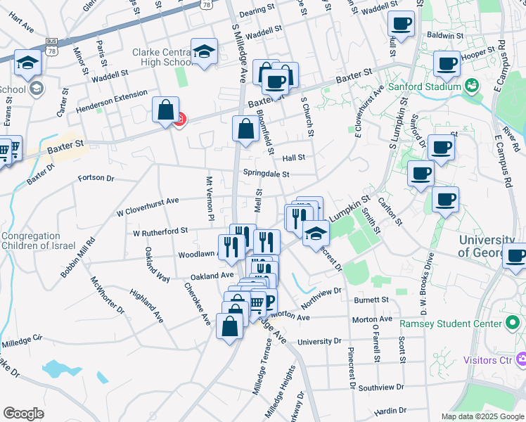 map of restaurants, bars, coffee shops, grocery stores, and more near 190 Mell Street in Athens